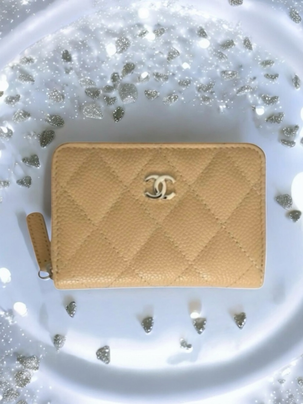🆕💞CHANEL Classic CAVIAR Quilted Zip Around Coin Purse Wallet • BEIGE • Silver HW
